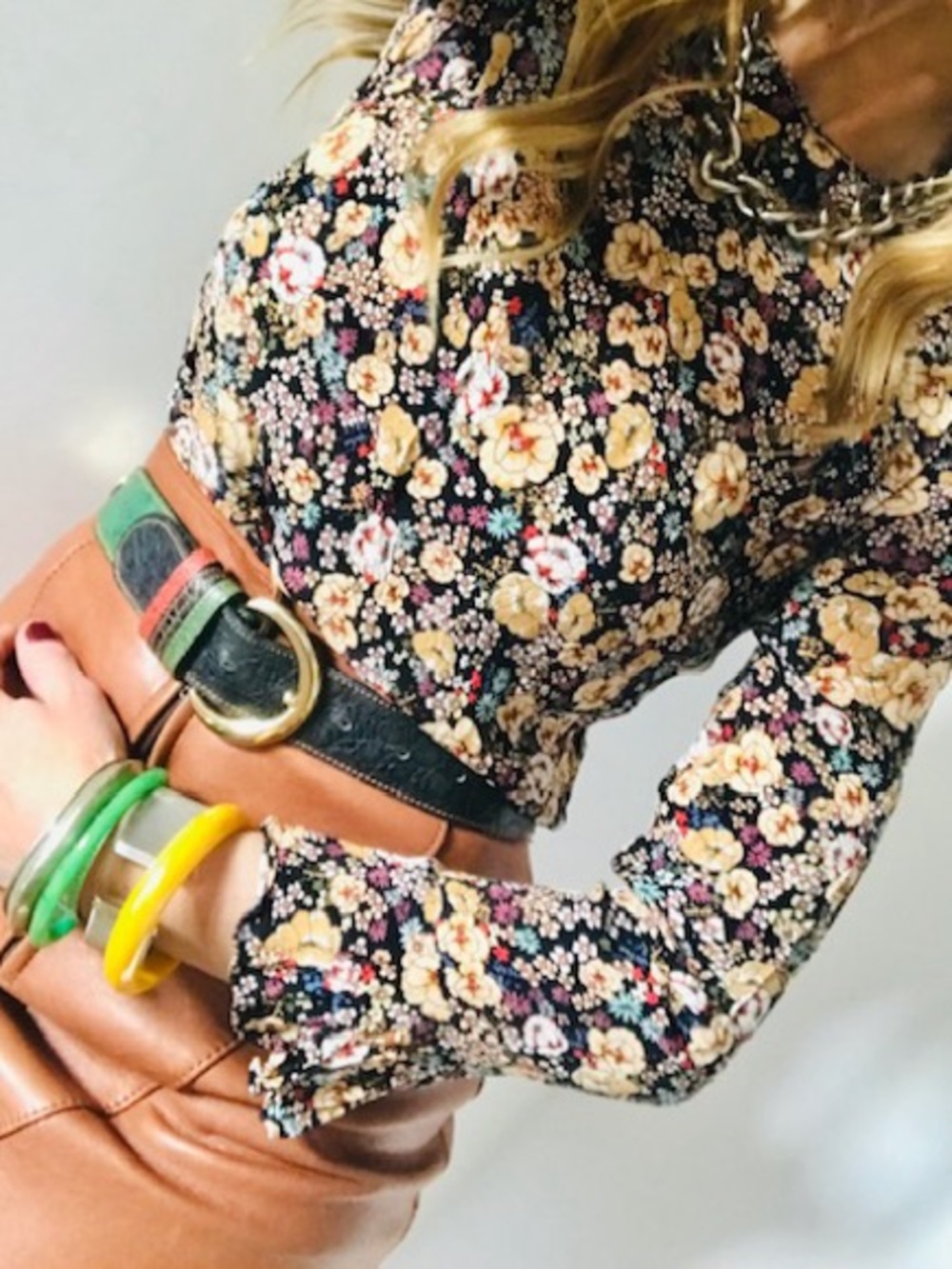 Zara Woman Black Long Flare Sleeve Blouse with Multicolor Floral Print